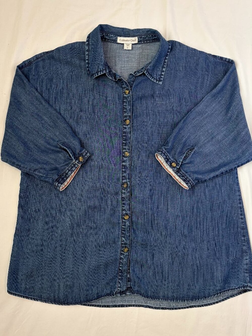 Coldwater Creek Tencel Denim 3/4 Dolman Button Sleeve Shirt Large - Picture 2 of 10
